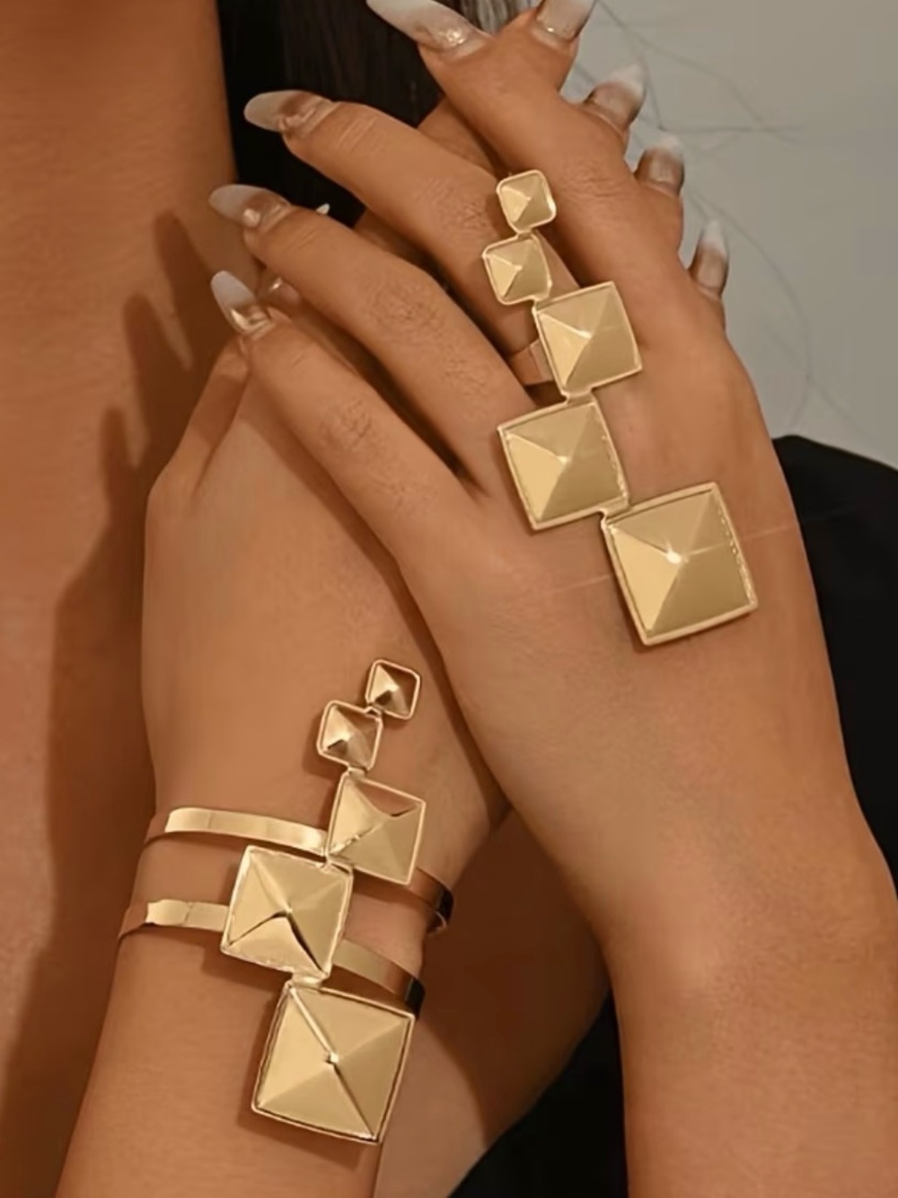 Gold Pyramid Square Stacked Ring Set - Women Jewelry